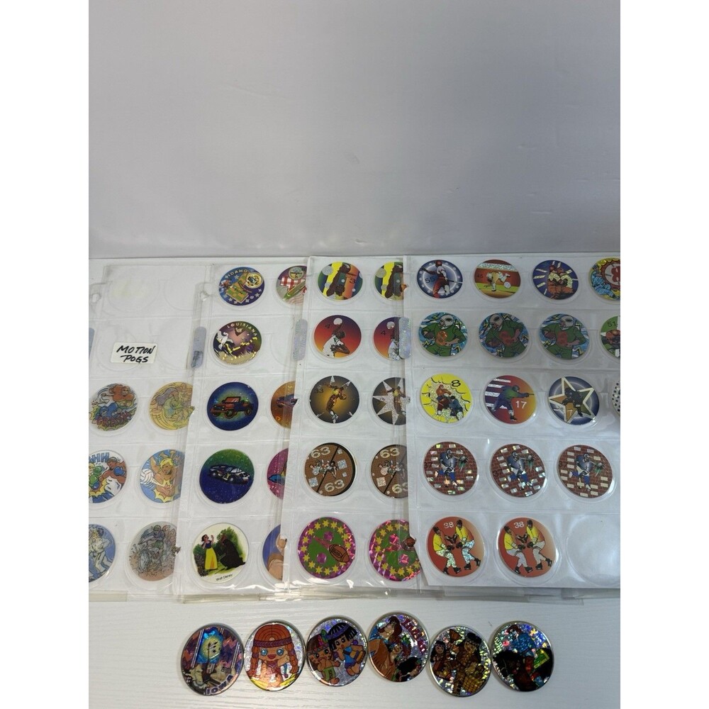 64 Vintage Metal Pog Slammers + Pogs 1990's  Indians Rare, Disney, Motion, Sport